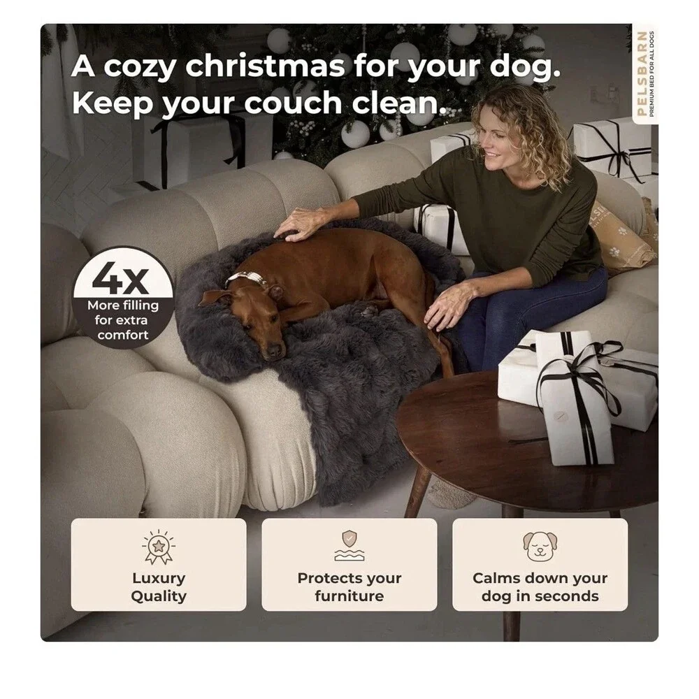Pelsbarn Calming Dog Bed Couch Sofa w Non-Slip Bottom Large Beige Brown 33 x 33